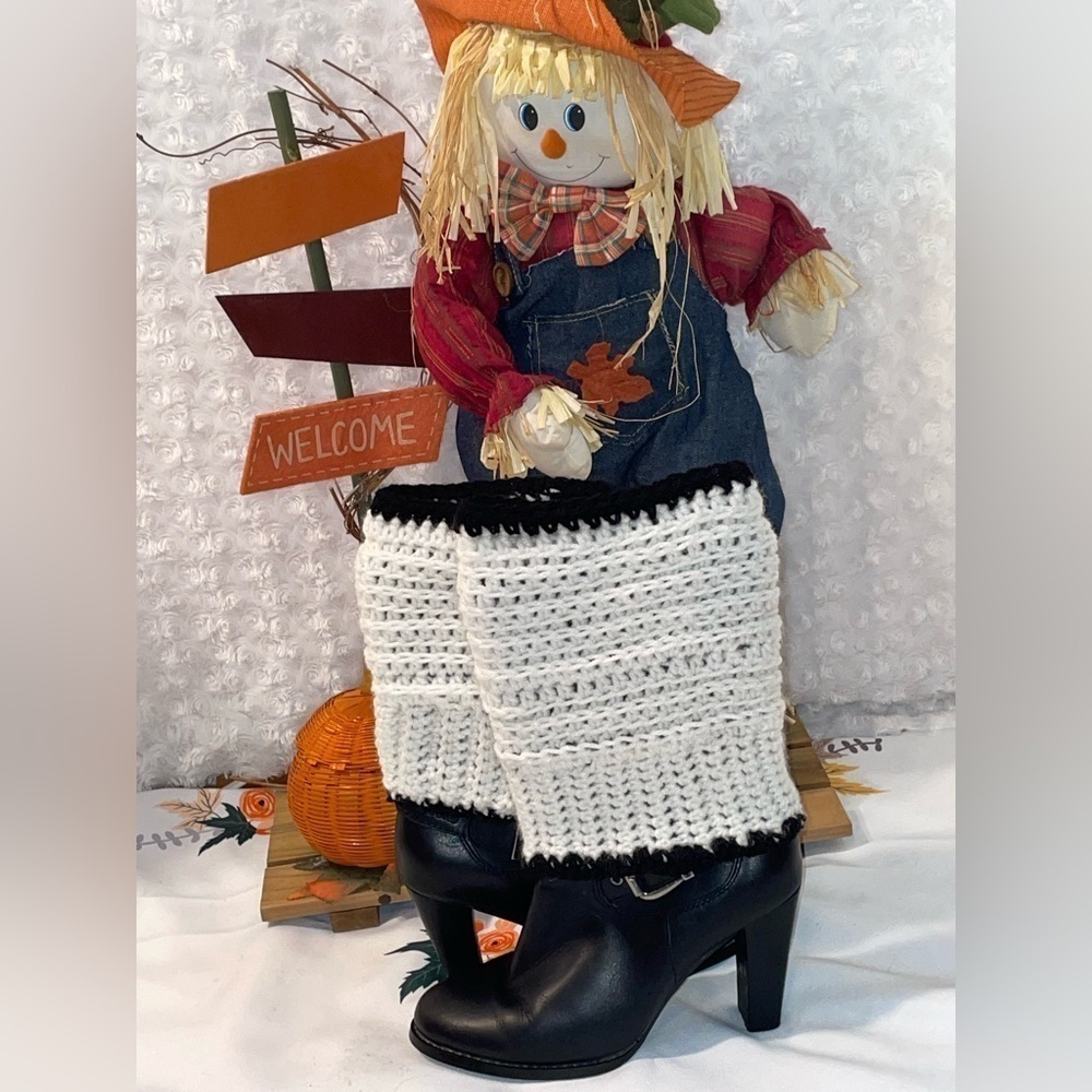 NWT Doc L’s Hand Crocheted 3/4 White with Black Trim Boot Cuffs cover to feet!